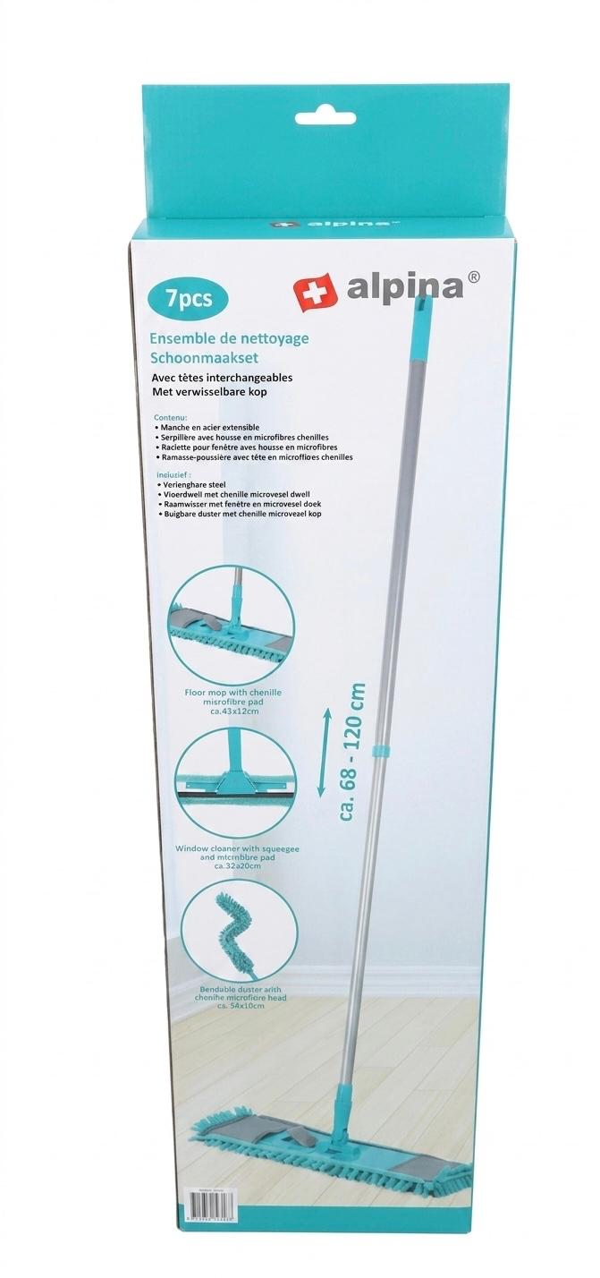 Set curatenie multifunctional Alpina, 7 piese, mop microfibra, curatator geamuri si pamatuf flexibil, maner telescopic 68-120 cm