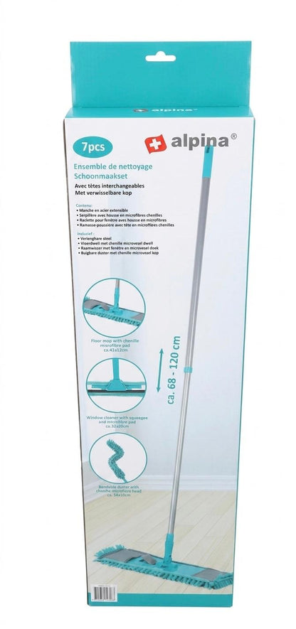 Set curatenie multifunctional Alpina, 7 piese, mop microfibra, curatator geamuri si pamatuf flexibil, maner telescopic 68-120 cm