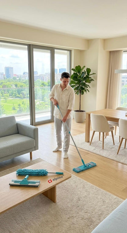 Set curatenie multifunctional Alpina, 7 piese, mop microfibra, curatator geamuri si pamatuf flexibil, maner telescopic 68-120 cm