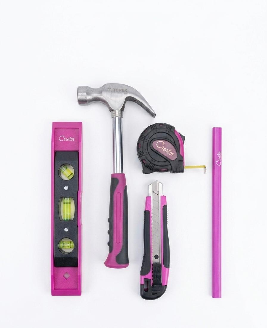Set scule de mana "Creator" - trusa unelte 5 piese pentru bricolaj si uz casnic, roz/negru