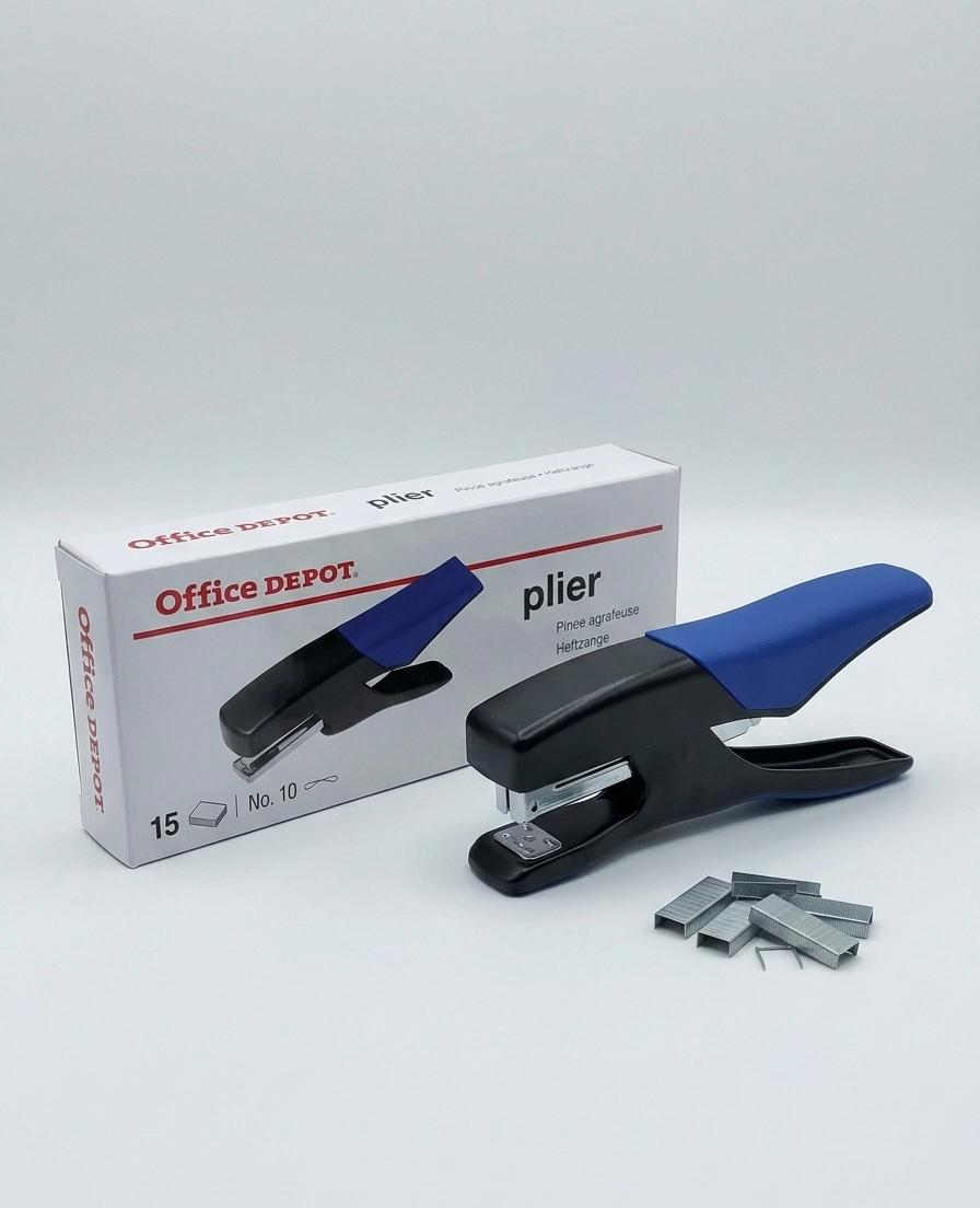Capsator tip cleste Office Depot, capacitate 15 coli, capse Nr. 10, design ergonomic negru/albastru