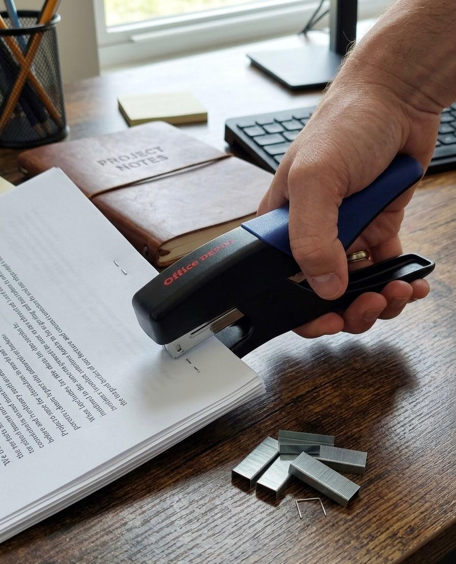 Capsator tip cleste Office Depot, capacitate 15 coli, capse Nr. 10, design ergonomic negru/albastru