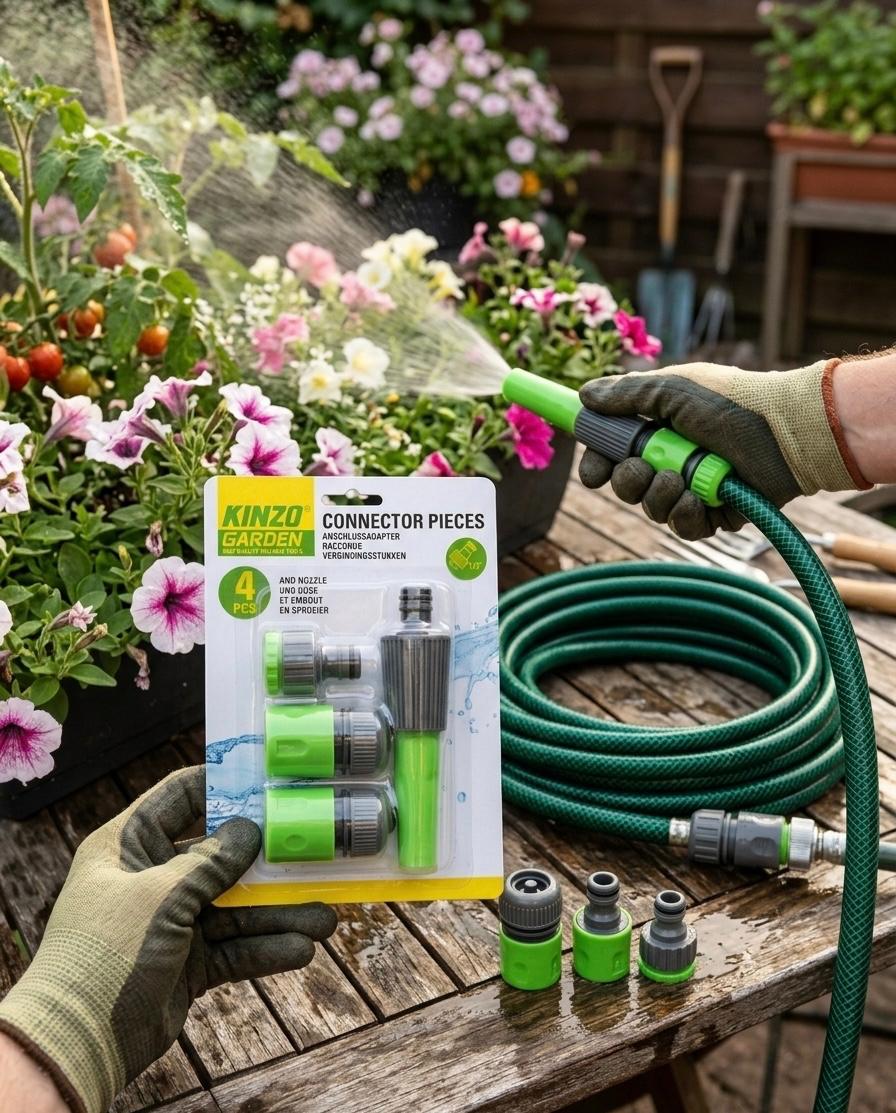 Set 4 accesorii irigare gradina Kinzo, conectori rapizi si duza de pulverizare, 1/2 Inch, verde/negru