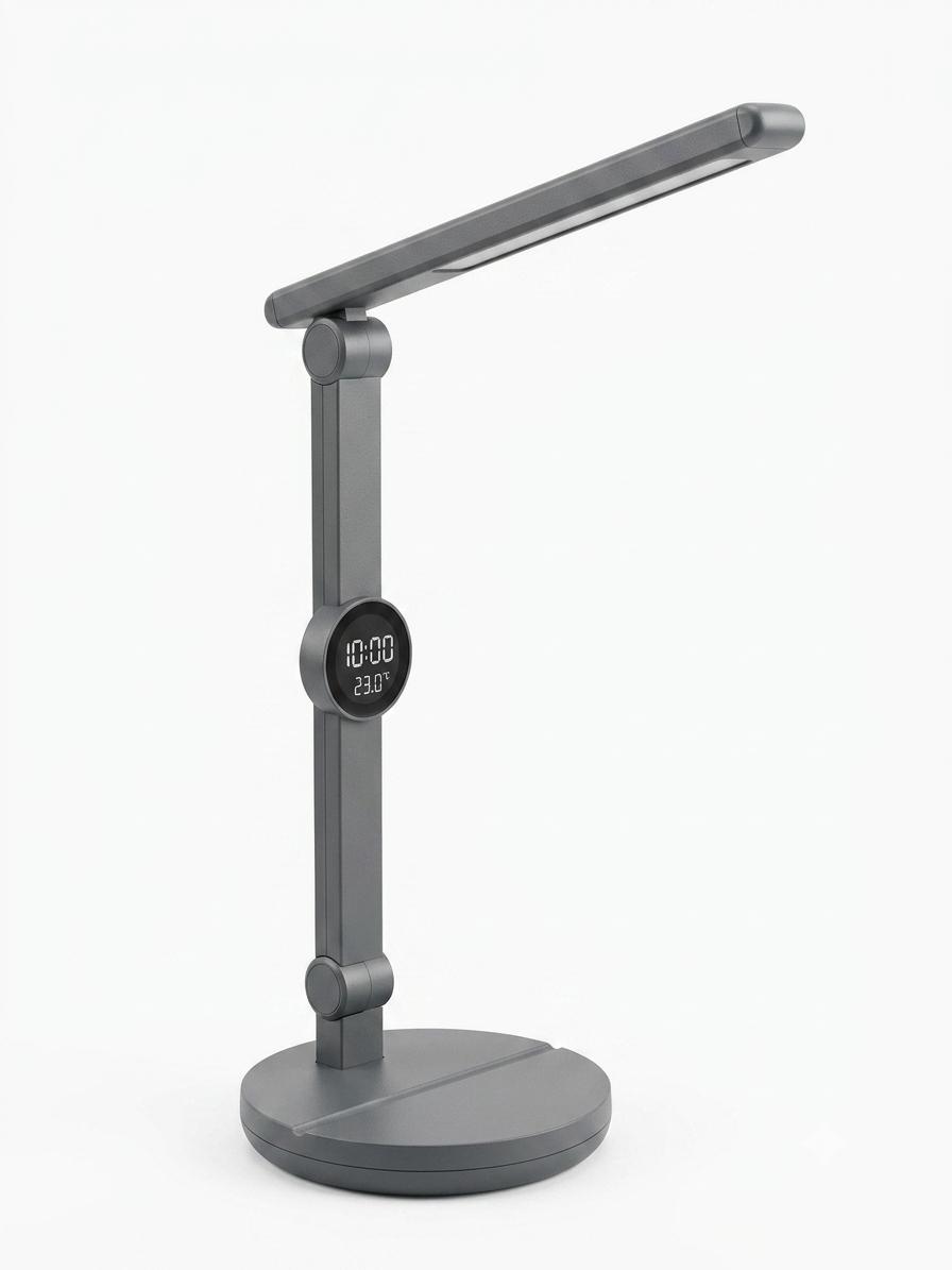 Lampa portabila de birou LED reincarcabila cu acumulator, ceas digital, termometru, suport telefon și 3 moduri de lumina, intensitate reglabila, incarcare USB-C, culoare gri mat