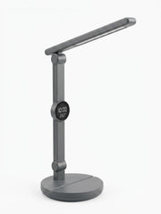Lampa portabila de birou LED reincarcabila cu acumulator, ceas digital, termometru, suport telefon și 3 moduri de lumina, intensitate reglabila, incarcare USB-C, culoare gri mat