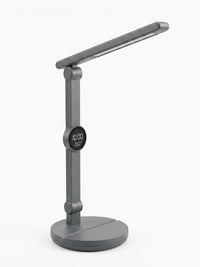 Lampa portabila de birou LED reincarcabila cu acumulator, ceas digital, termometru, suport telefon și 3 moduri de lumina, intensitate reglabila, incarcare USB-C, culoare gri mat