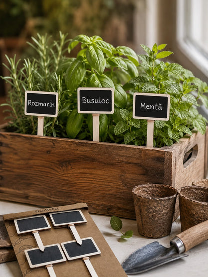 Set 6 etichete decorative din lemn tip mini tabla de scris pentru plante si gradina, 7x4.5 cm