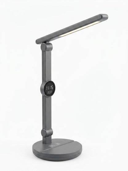 Lampa portabila de birou LED reincarcabila cu acumulator, ceas digital, termometru, suport telefon și 3 moduri de lumina, intensitate reglabila, incarcare USB-C, culoare gri mat