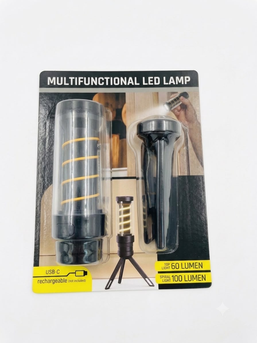 Lampa LED multifunctionala camping si lanterna 2-în-1, reincarcabila USB-C, cu trepied, spirala luminoasa 100 lumeni