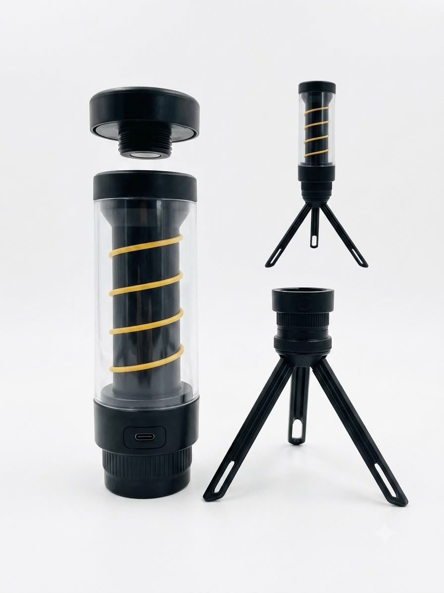 Lampa LED multifunctionala camping si lanterna 2-în-1, reincarcabila USB-C, cu trepied, spirala luminoasa 100 lumeni