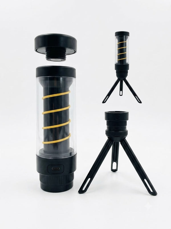Lampa LED multifunctionala camping si lanterna 2-în-1, reincarcabila USB-C, cu trepied, spirala luminoasa 100 lumeni
