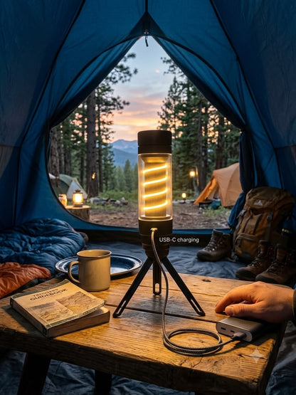 Lampa LED multifunctionala camping si lanterna 2-în-1, reincarcabila USB-C, cu trepied, spirala luminoasa 100 lumeni