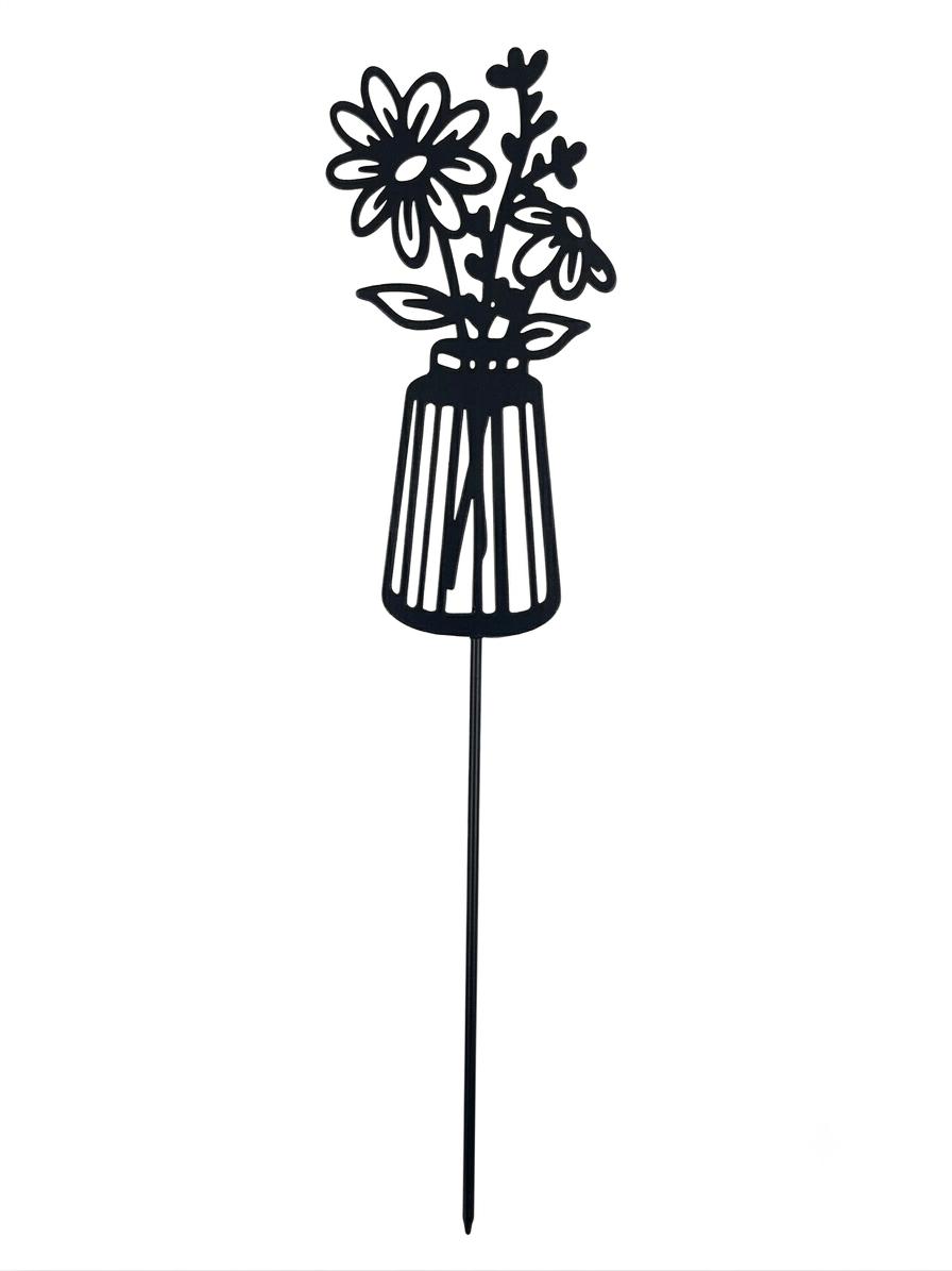 Decoratiune metalica de gradina, tip infipt in pamant, model fluture / flori in vaza, rezistenta la intemperii