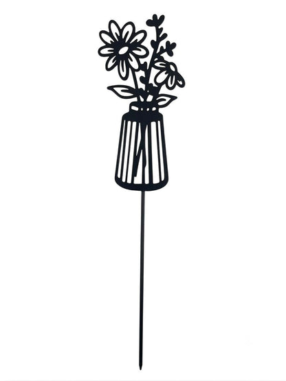 Decoratiune metalica de gradina, tip infipt in pamant, model fluture / flori in vaza, rezistenta la intemperii