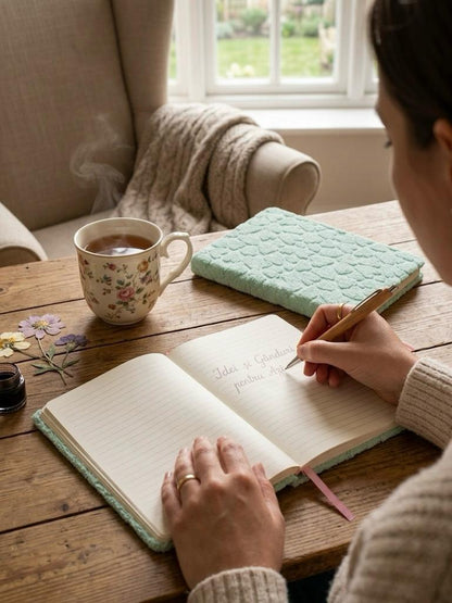 Agenda - carnet de note papermnt, coperta textila plusata cu inimi, pagini liniate dictando 80 gsm, verde menta