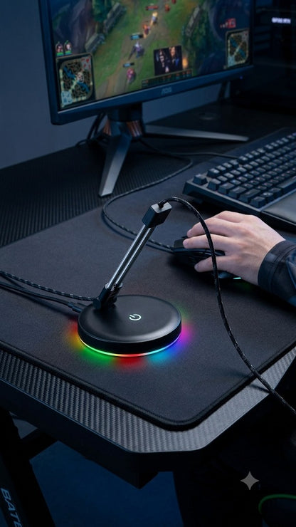 Suport cablu mouse gaming (mouse bungee) battletron, iluminare RGB LED, 7 moduri lumina, anti-alunecare, negru
