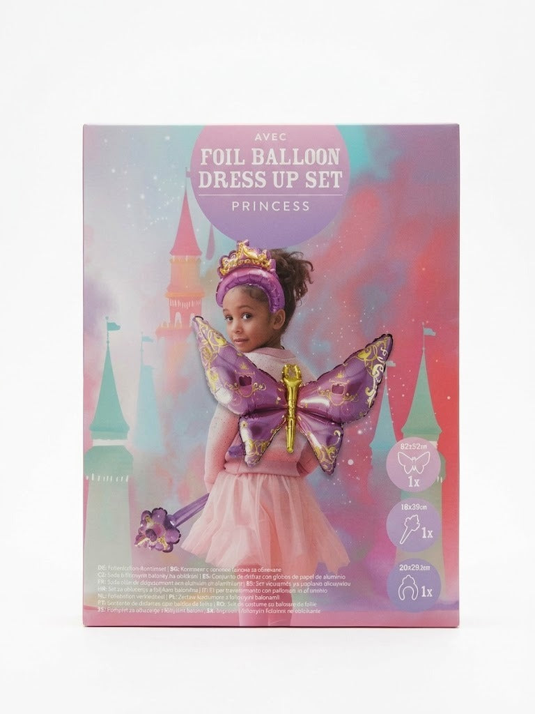 Set costume cu baloane din folie princess, AVEC – aripi fluture, bagheta și coroana pentru copii