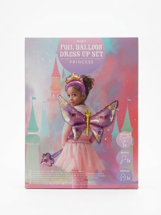 Set costume cu baloane din folie princess, AVEC – aripi fluture, bagheta și coroana pentru copii