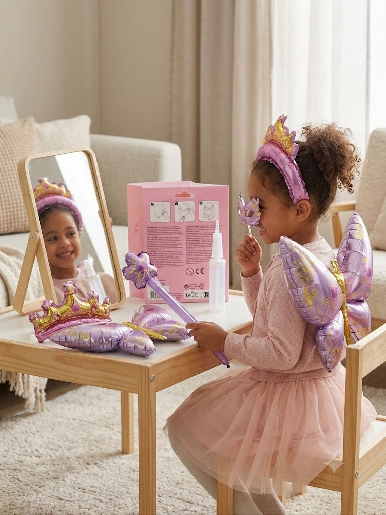 Set costume cu baloane din folie princess, AVEC – aripi fluture, bagheta și coroana pentru copii