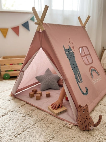 Cort de joacă pentru copii tip teepee, [model: pisicuța roz/crocodil albastru], cadru din lemn de pin, 116x106x104 cm