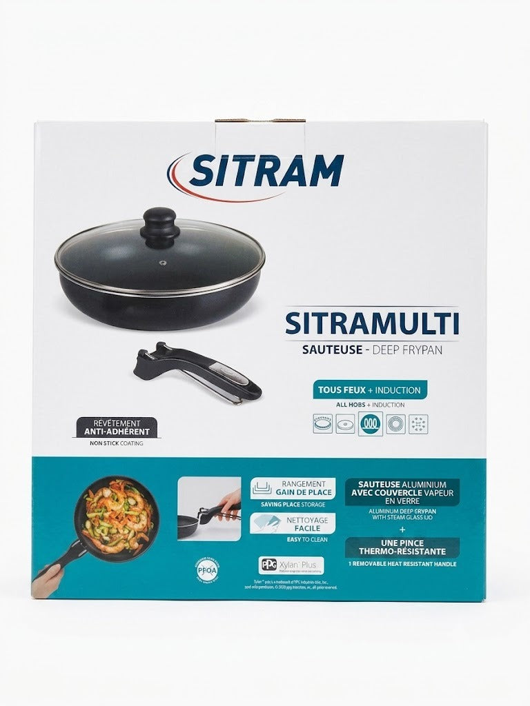 Tigaie adanca sitram sitramulti (sauteuse) cu capac de sticla, diametru 28 cm, maner detasabil thermo-rezistent, inductie