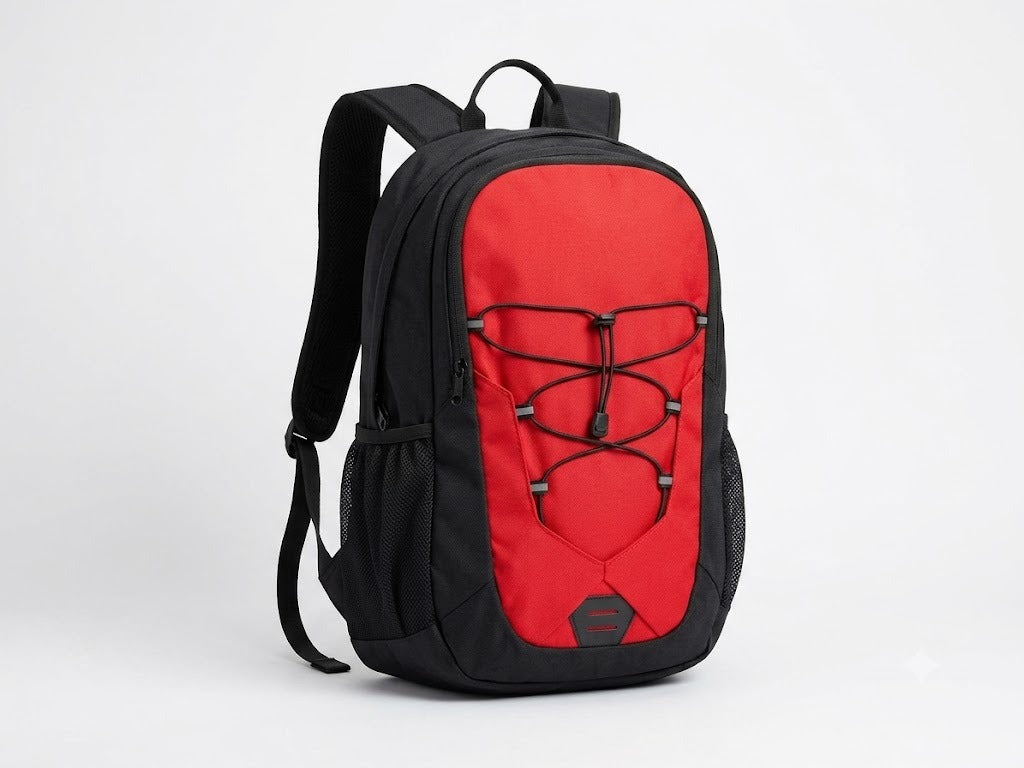 Rucsac sport si drumetie multifunctional, compartiment laptop, snur elastic frontal si buzunare laterale mesh, rosu/negru