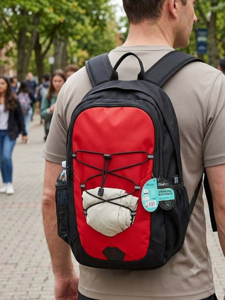 Rucsac sport si drumetie multifunctional, compartiment laptop, snur elastic frontal si buzunare laterale mesh, rosu/negru