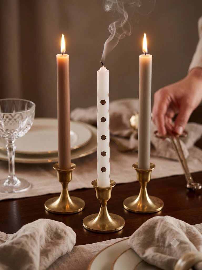 Set 3 lumanari decorative pentru cina, 22 cm – albe și cafenii, timp de ardere 6 ore