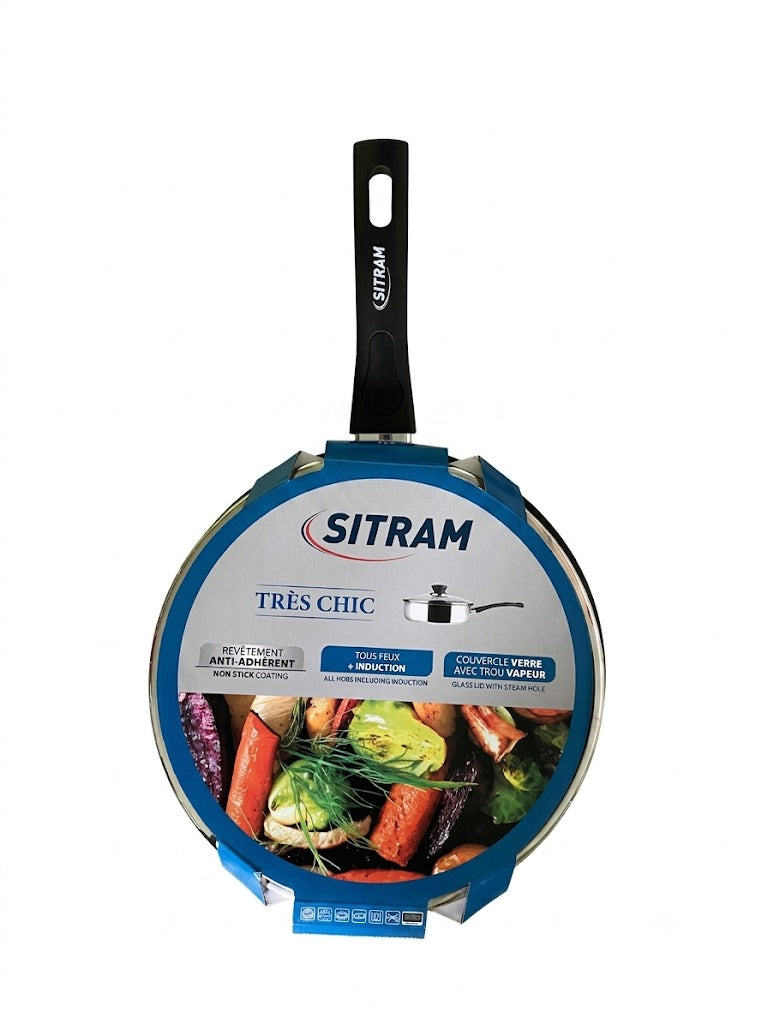 Tigaie adanca din inox Sitram Très Chic, cu invelis antiaderent si capac, compatibila cu inductia