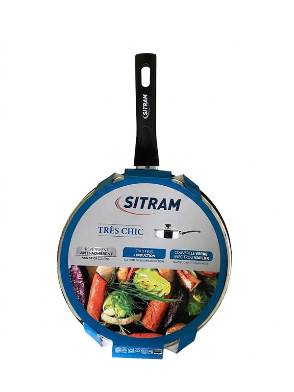 Tigaie adanca din inox Sitram Très Chic, cu invelis antiaderent si capac, compatibila cu inductia
