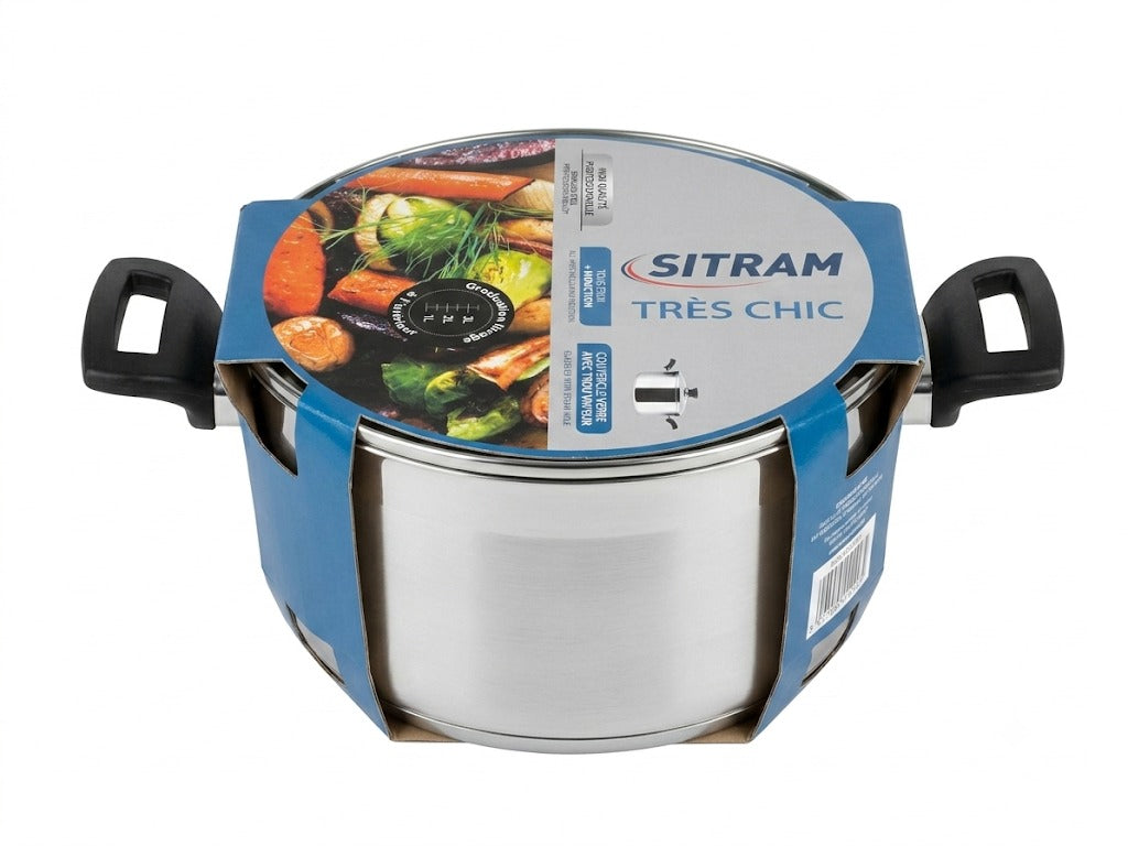 Oala din inox Sitram Très Chic cu capac din sticla, gradata, compatibilă cu inductia