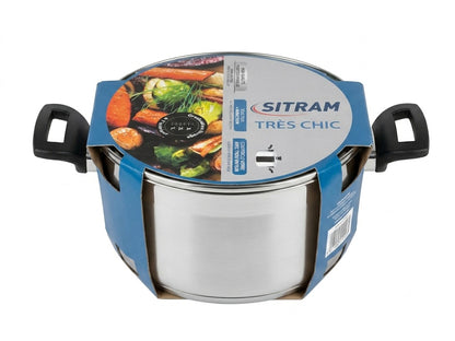 Oala din inox Sitram Très Chic cu capac din sticla, gradata, compatibilă cu inductia