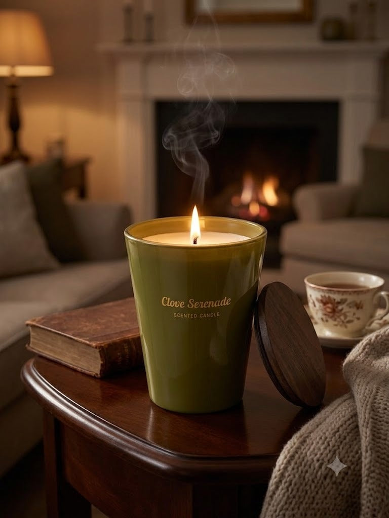 Lumanare parfumata Clove Serenade in suport ceramic verde cu capac din lemn, 65 ore ardere, 950g