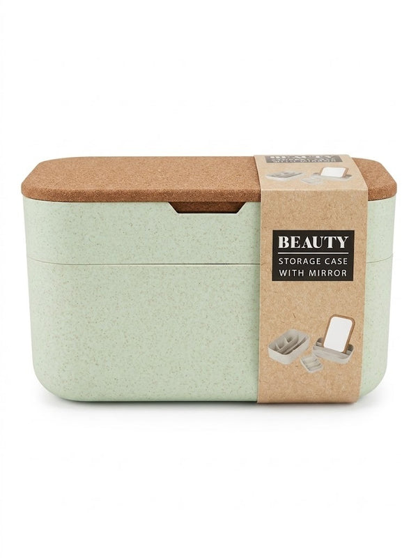 Cutie organizator pentru cosmetice si machiaj beauty case, cu oglinda si capac din pluta, compartimentata, verde pastel