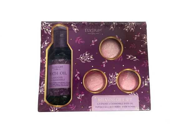 Set cadou Elysium spa soothing gift set, ulei de baie vetiver si vanilie 100 ml, 3 bombe de baie grefa si ghimbir