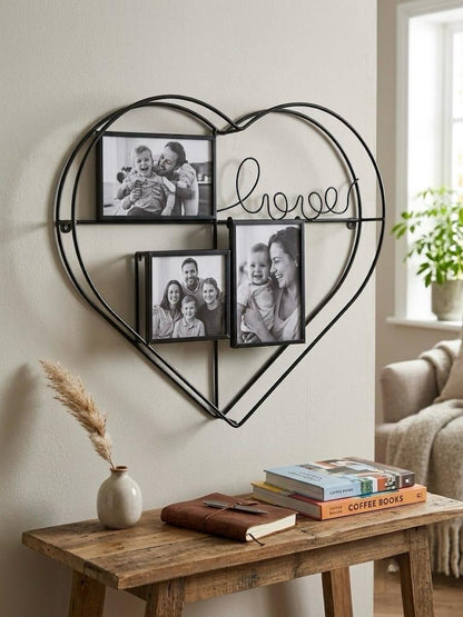 Rama foto multipla de perete din metal in forma de inima „love”, cadru negru cu 3 spatii foto, 40.5x38.5cm