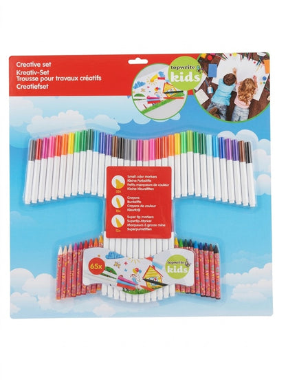 Set creativ de colorat pentru copii opwrite kids, 65 piese, carioci subtiri, carioci groase super tip si creioane cerate