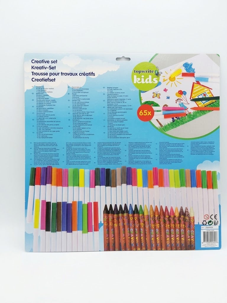 Set creativ de colorat pentru copii opwrite kids, 65 piese, carioci subtiri, carioci groase super tip si creioane cerate