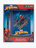 Set papetarie Marvel Spider-Man, caiet cu spira coperta reversibila flip the cover si pix multicolor cu 4 culori