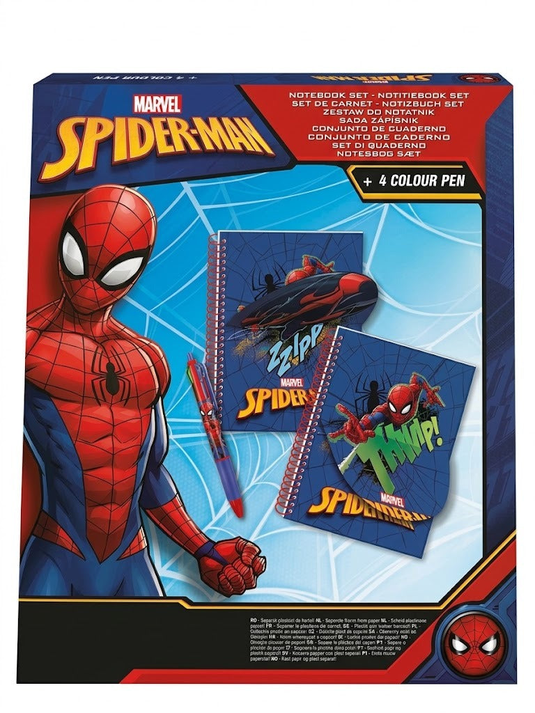 Set papetarie Marvel Spider-Man, caiet cu spira coperta reversibila flip the cover si pix multicolor cu 4 culori