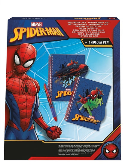 Set papetarie Marvel Spider-Man, caiet cu spira coperta reversibila flip the cover si pix multicolor cu 4 culori