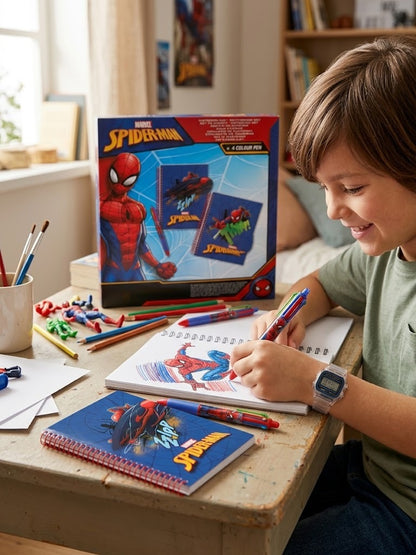 Set papetarie Marvel Spider-Man, caiet cu spira coperta reversibila flip the cover si pix multicolor cu 4 culori