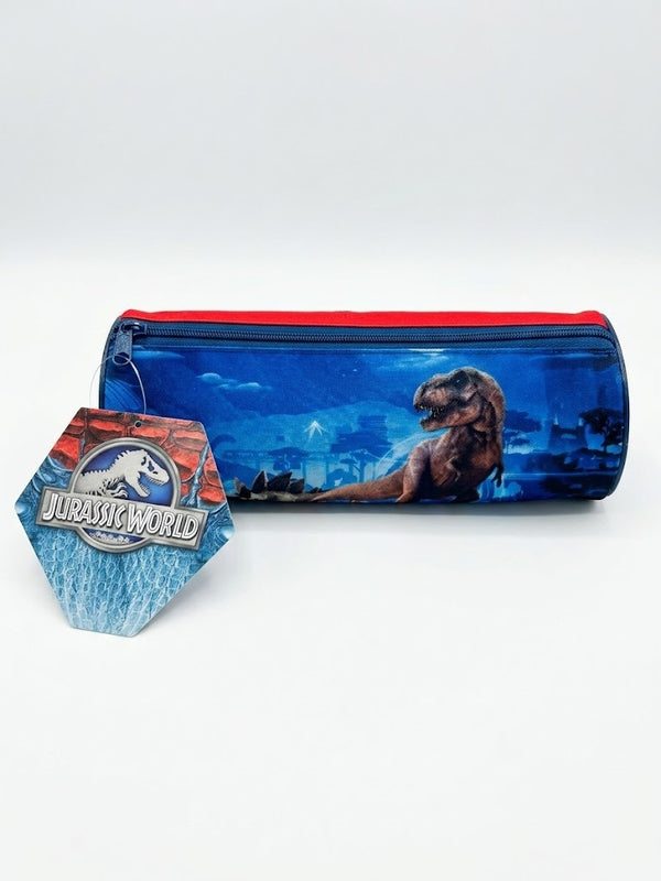 Penar scolar cilindric Jurassic World, un singur compartiment cu fermoar, design T-Rex rosu si albastru
