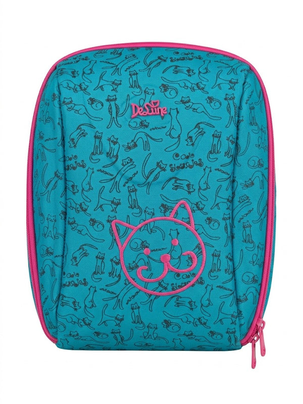 Ghiozdan Scolar Anatomic DeLune ergo system, model pisicute turcoaz cu roz, spate ergonomic si elemente reflectorizante