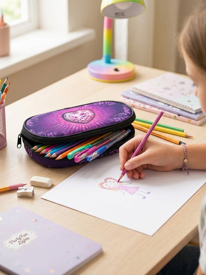 Penar scolar cu lumini LED interactive PartyFun Lights DiscoPencilCase, model inima diamant, mov