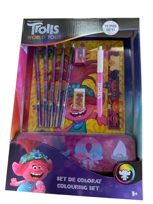 Set de colorat si desen DreamWorks Trolls World Tour, 11 piese cu penar metalic, creioane si accesorii