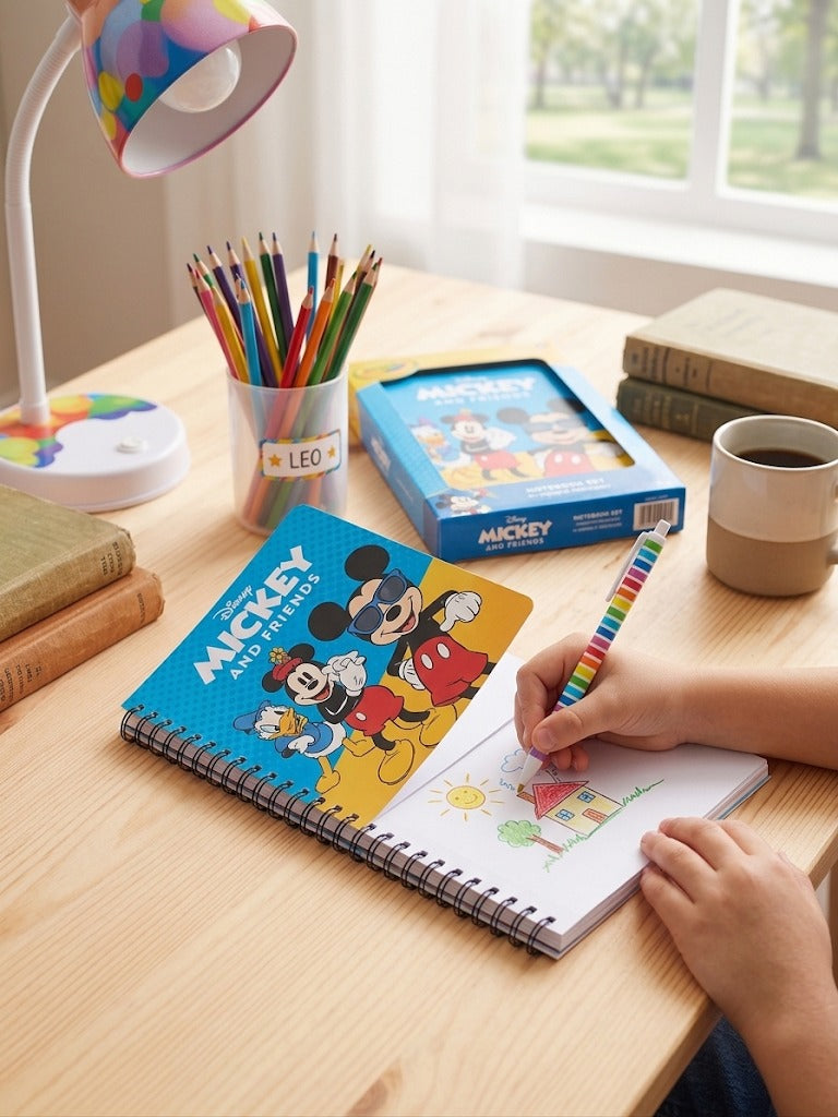 Set de scris Disney Mickey and Friends: carnet spiralat cu coperta decupata si pix multicolor cu 4 culori