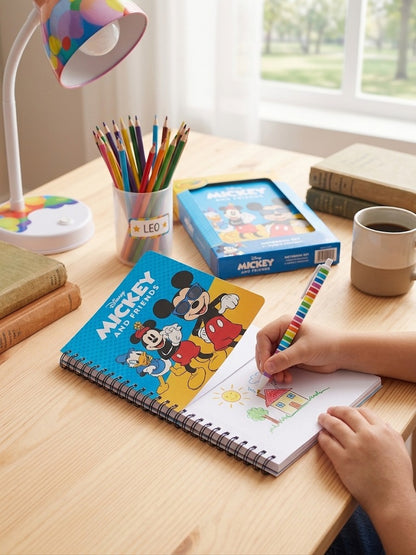 Set de scris Disney Mickey and Friends: carnet spiralat cu coperta decupata si pix multicolor cu 4 culori