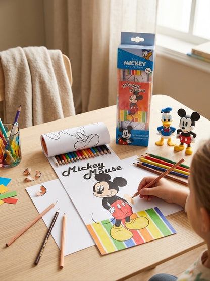 Set de colorat Disney Mickey and Friends, 24 piese cu rola/fise de desenat si carioci colorate