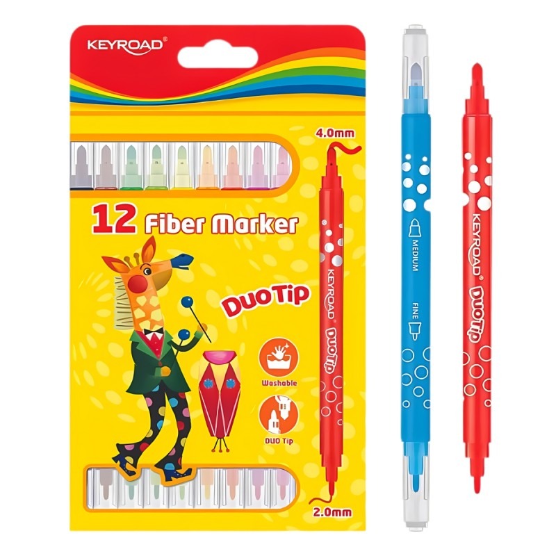 Carioca 12 culori KEYROAD Duo Washable, 2 capete, varf 2/4mm